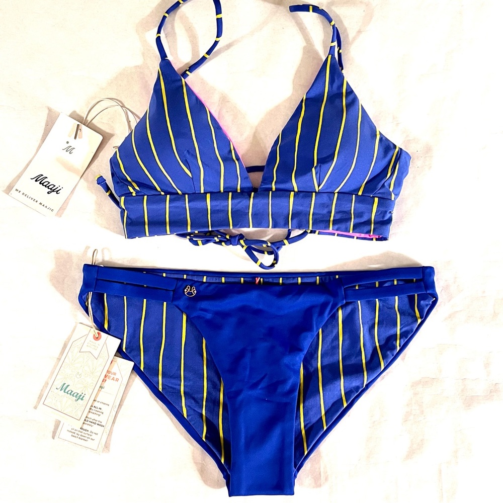 Maaji Reversible Bikini Bottom Set Blue/Yellow Stripes Size Small